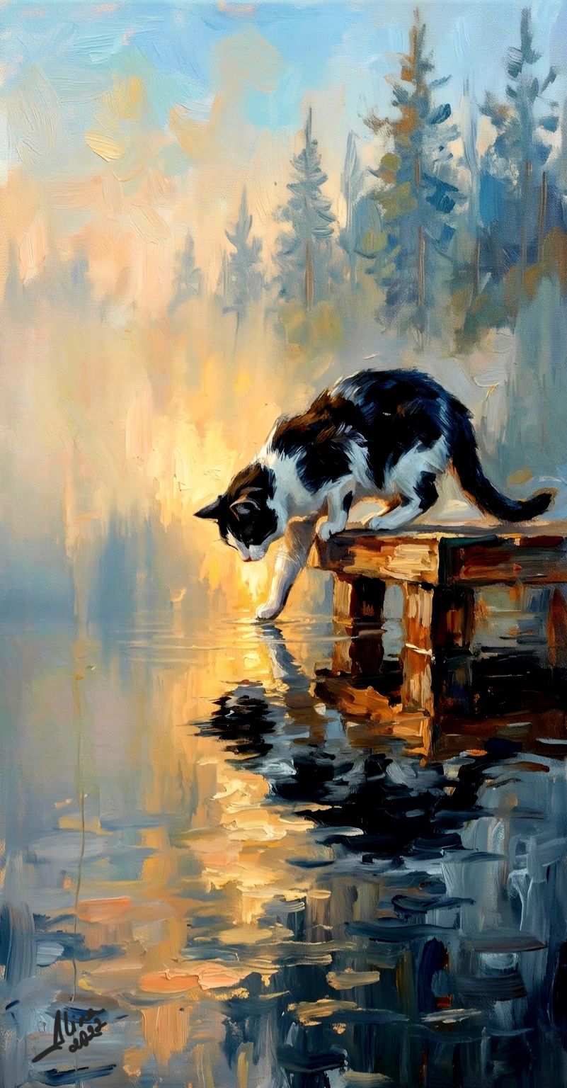 ArteDiAlina.com painting: Fear of water / Gatto del Tramonto